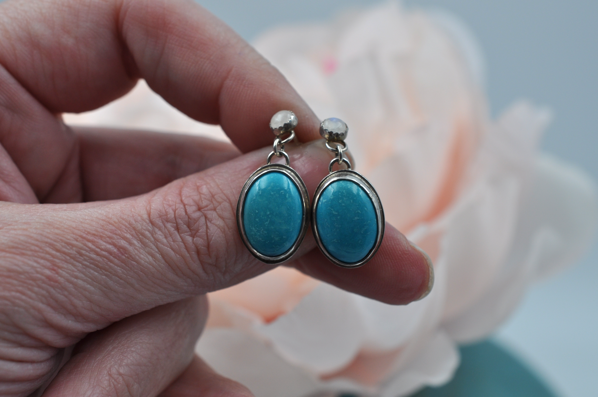 Hubei Turquoise and Rainbow Moonstone Post Earrings