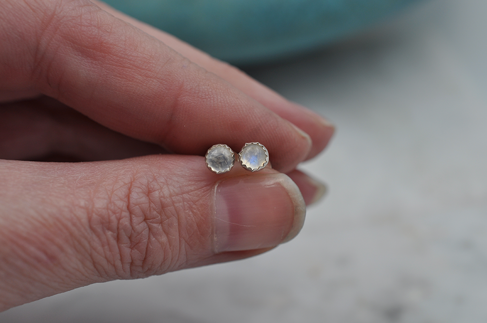 Rainbow Moonstone Dot Earrings in Silver