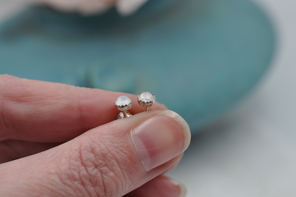 Rainbow Moonstone Dot Earrings in Silver