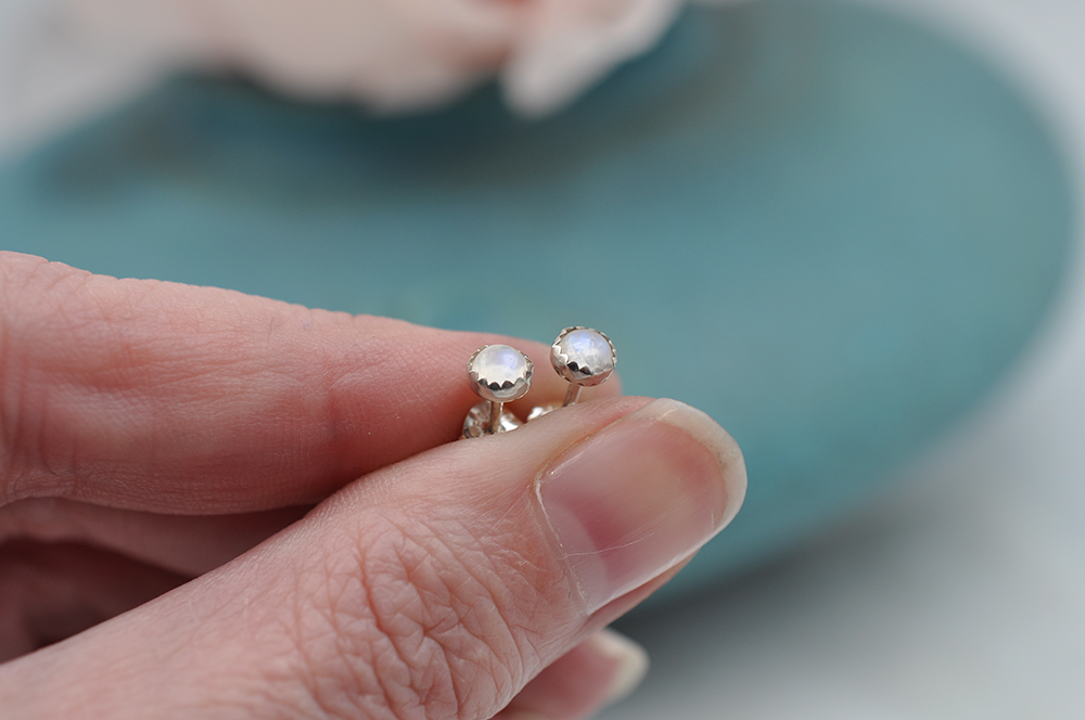 Rainbow Moonstone Dot Earrings in Silver