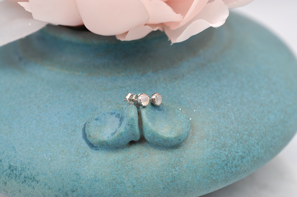 Rainbow Moonstone Dot Earrings in Silver