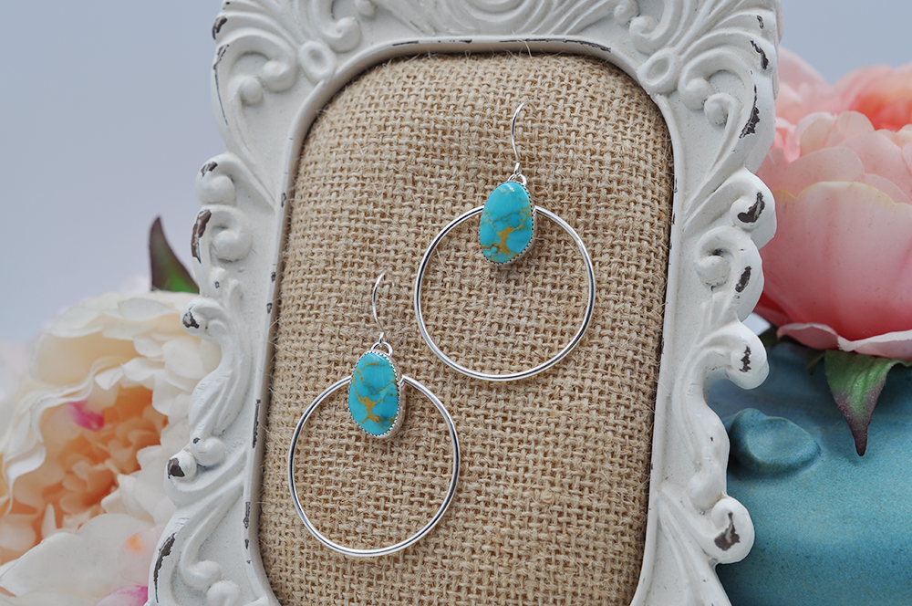 Natural Turquoise Mountain Turquoise Sterling Silver Large Hoops