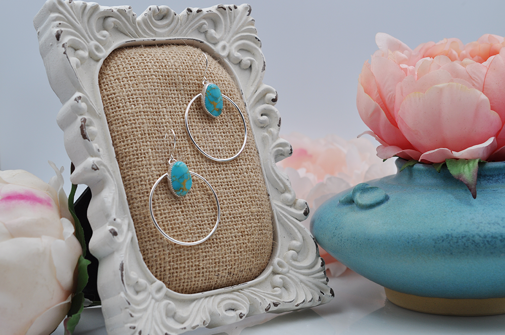 Natural Turquoise Mountain Turquoise Sterling Silver Large Hoops