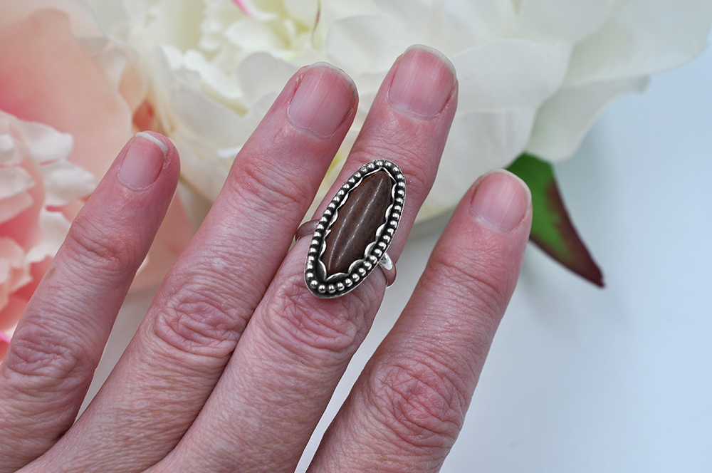 Antiqued Oblong Mahogany Obsidian Sterling Silver Ring • US Size 5.5