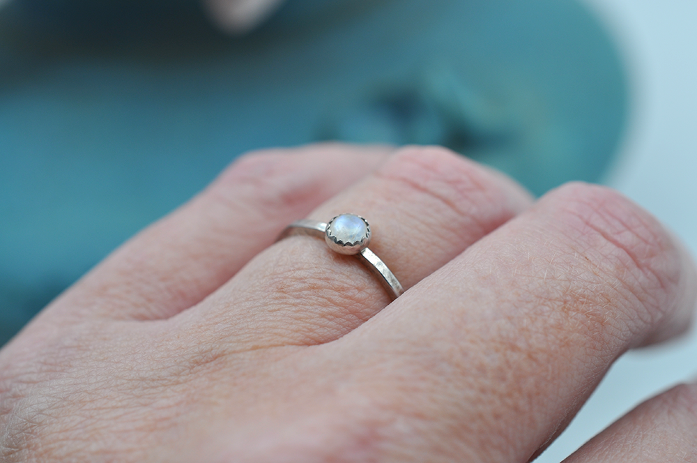 Rainbow Moonstone Mix & Match Hammered Sterling Silver Stacking Ring