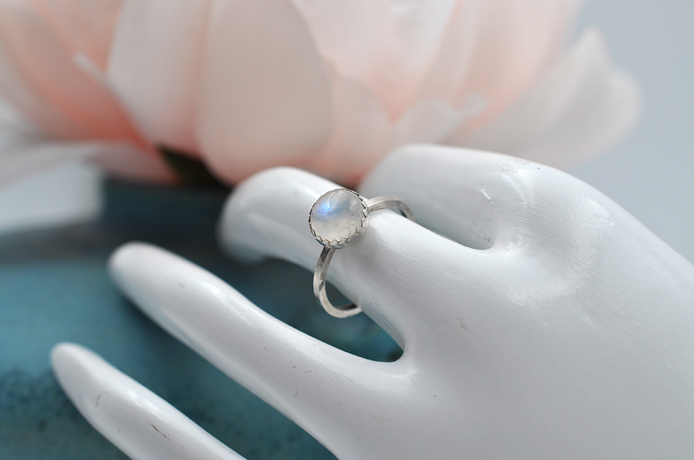 Rainbow Moonstone Mix & Match Hammered Sterling Silver Stacking Ring