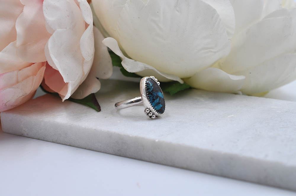 Oblong Chinese Turquoise and Sterling Silver Ring • US Size 8